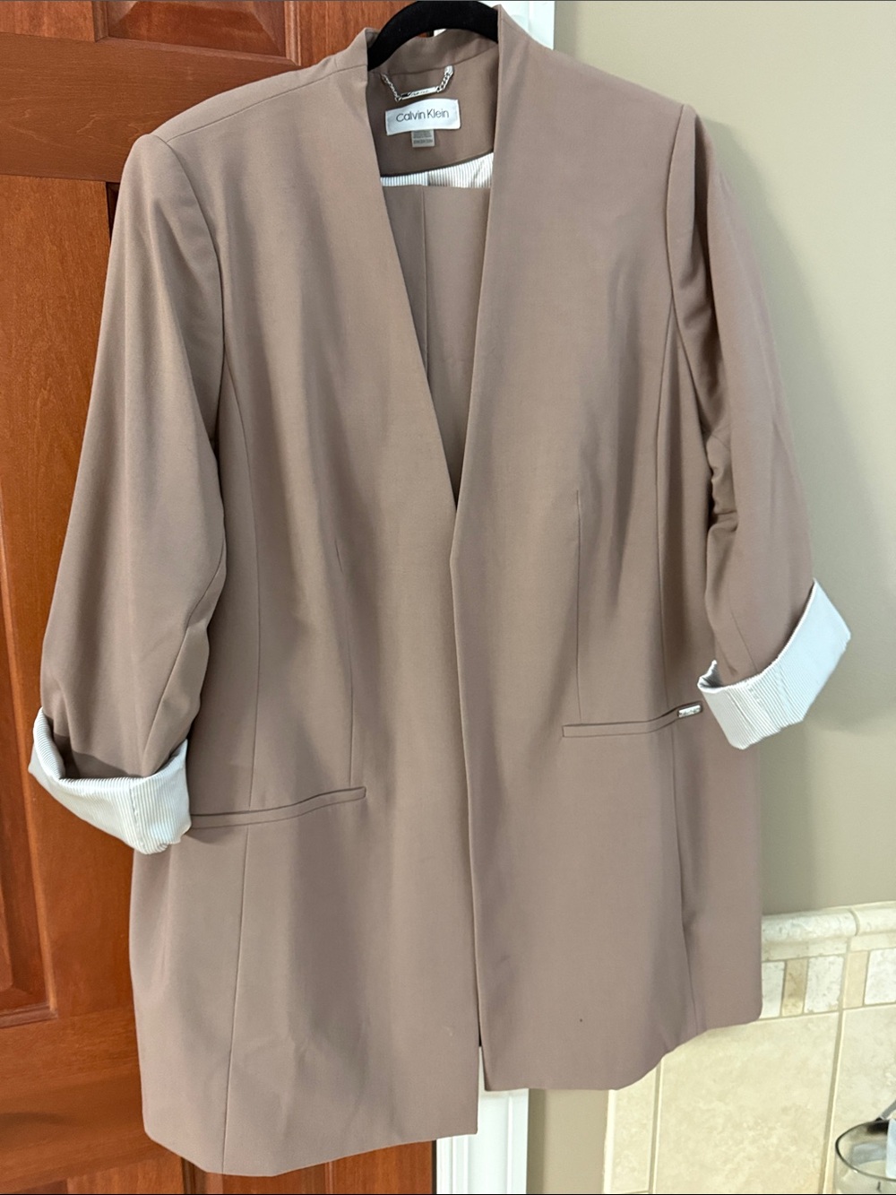 Calvin Klein Women's Taupe Open-Front Blazer with Rolled Cuffs